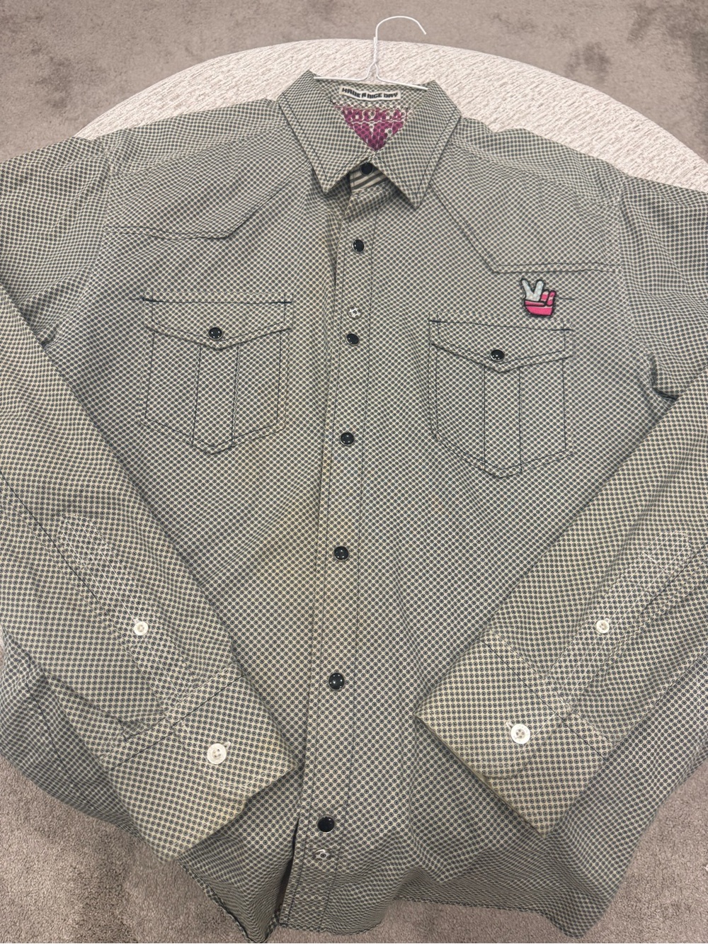 Jack & Jones Men's Green Check Button-Down Shirt with Pink Patch